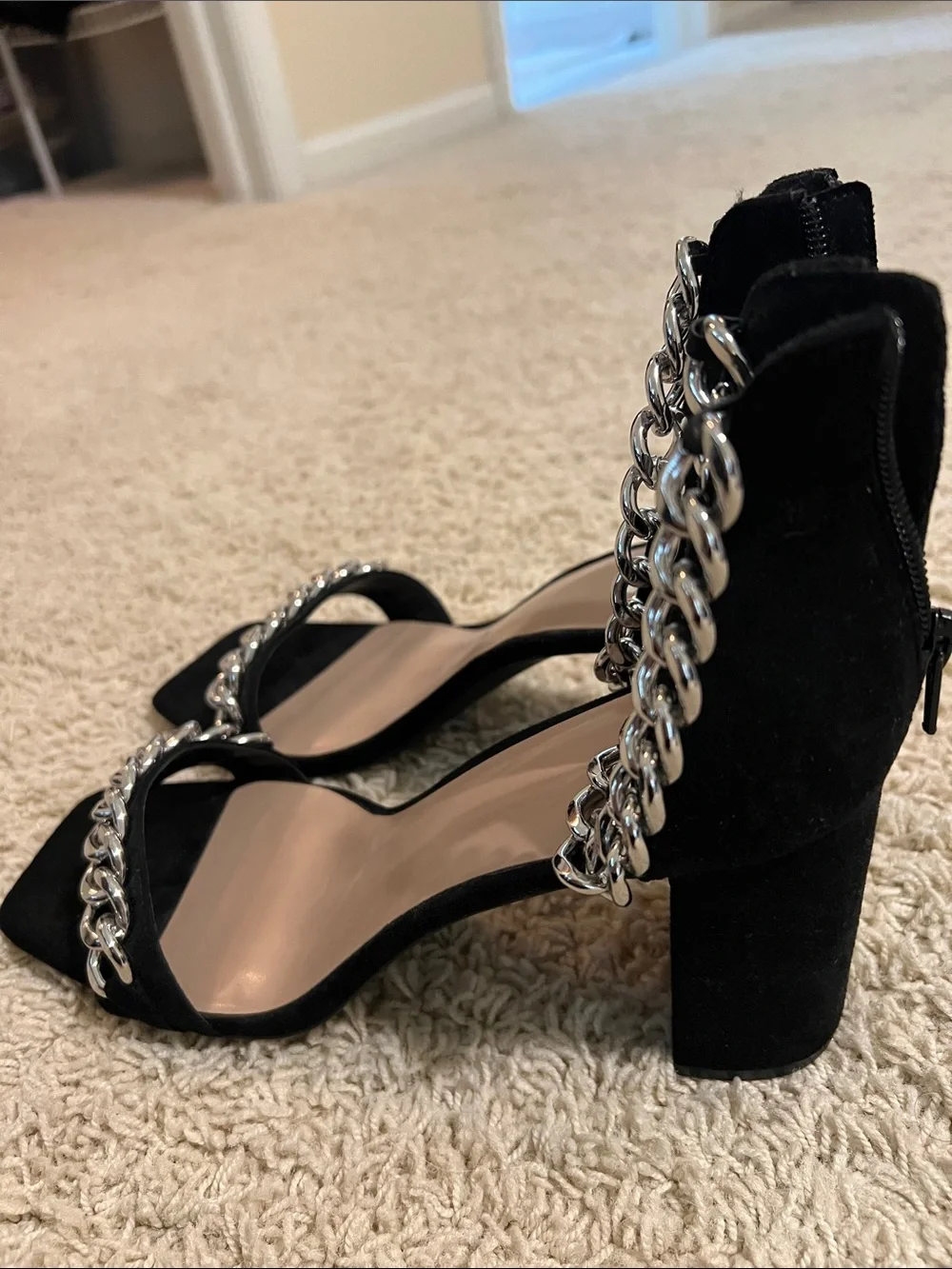 Mix No. 6 Black Block Heel Sandals with Silver Chain